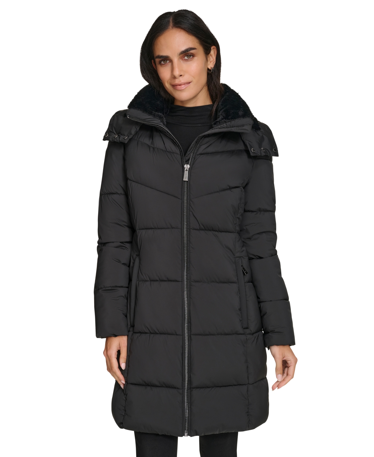 Women's Hooded Faux-Fur-Lined Midi Puffer Coat - Black
