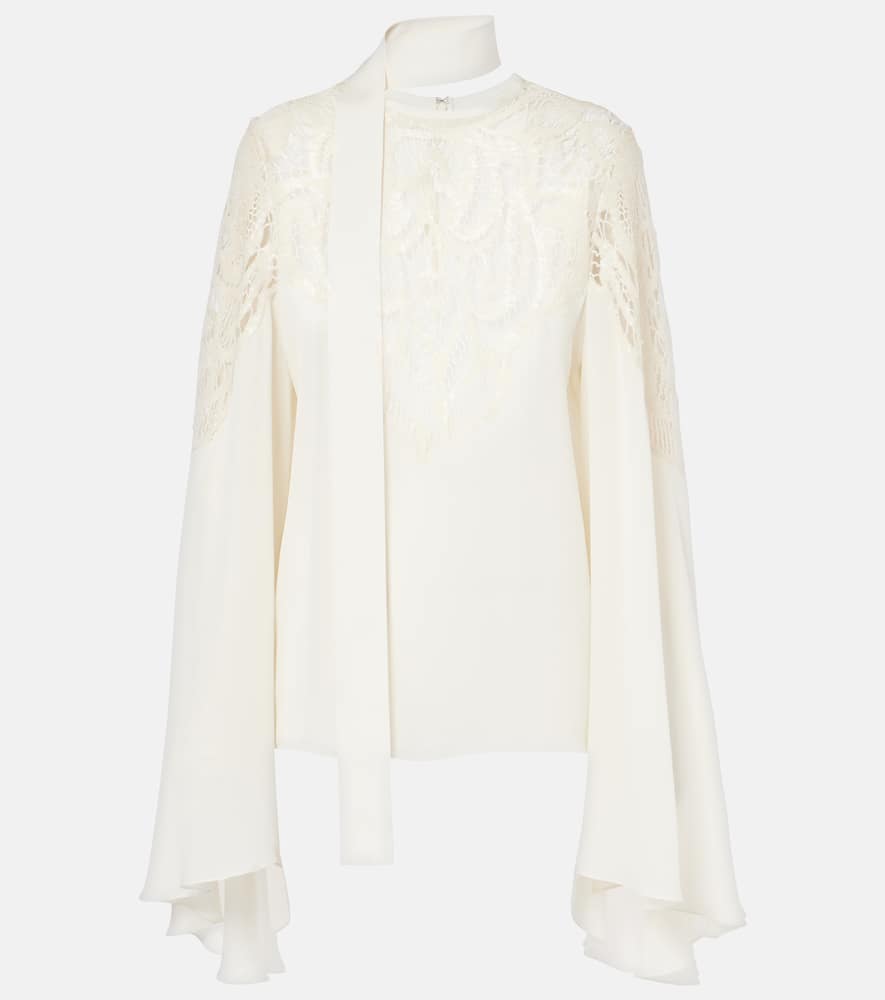 Lace-trimmed tie-neck georgette blouse
