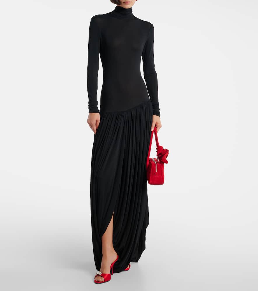 Asymmetric pleated turtleneck maxi dress