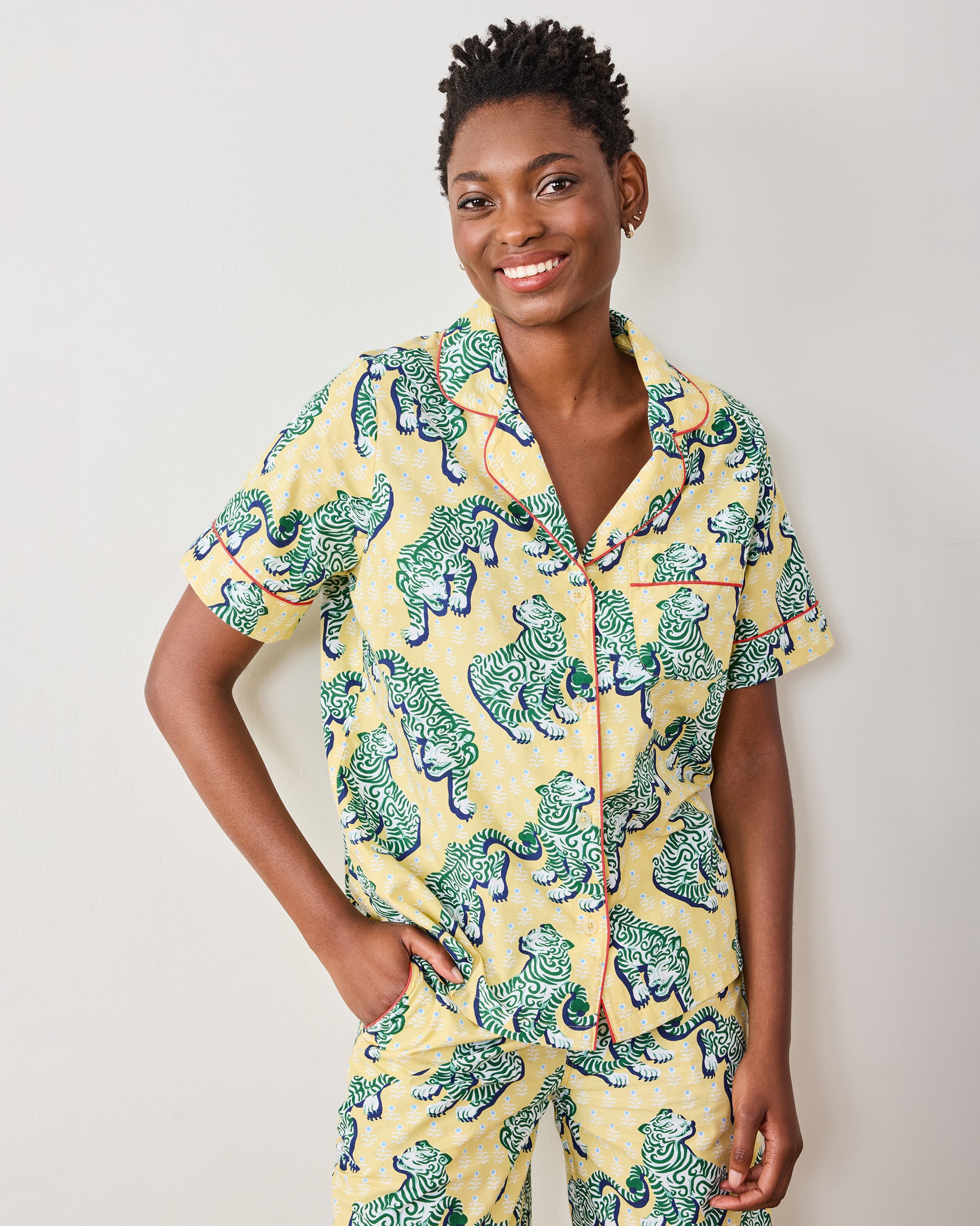 Organic Cotton Short-Sleeve and Cropped Pants Pajama Set in Tiger Queen | Women's XXS | Yellow