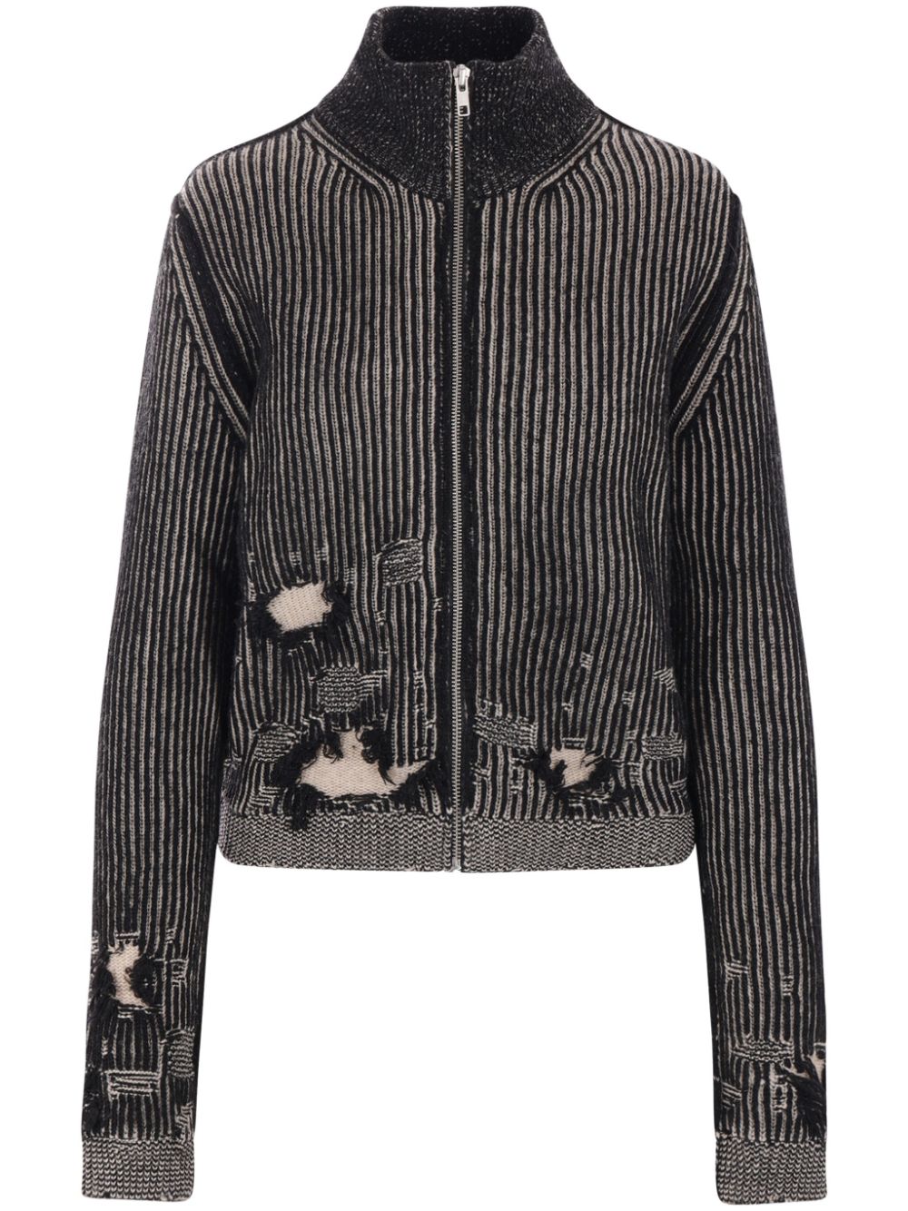 Distressed rib-knit zip-front cardigan - Purple