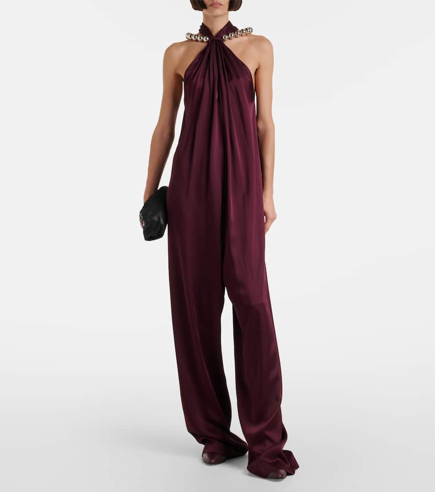 Embellished halterneck satin jumpsuit