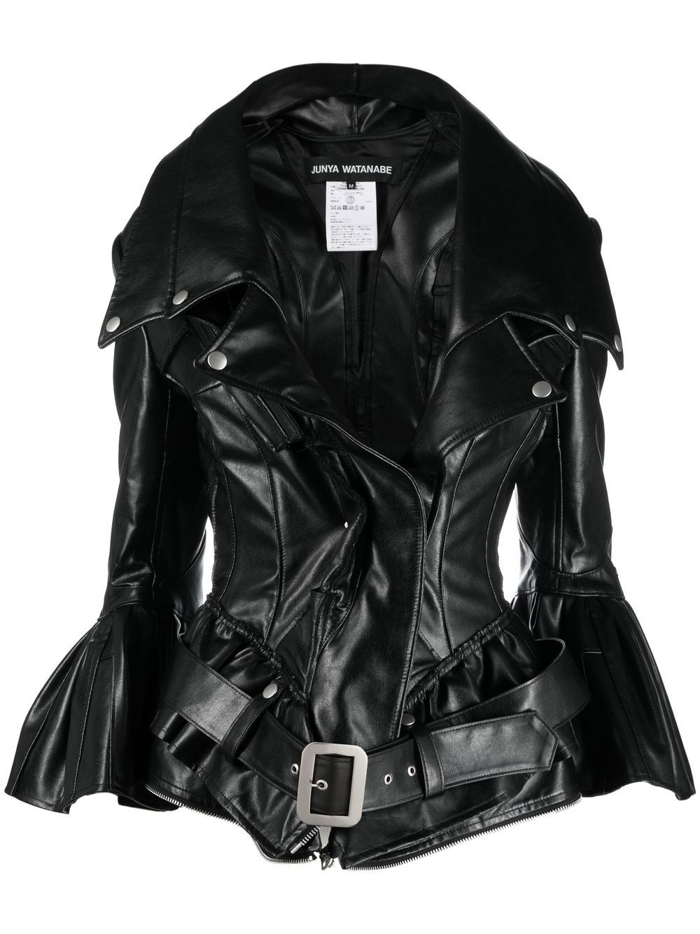 Faux-leather flared fitted coat - Black