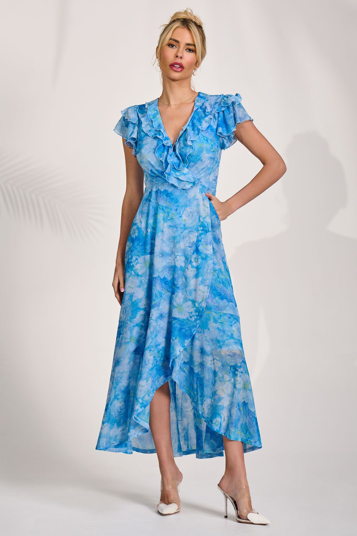 Jolie Moi Women's Ruffled Mesh Maxi Dress in Blue