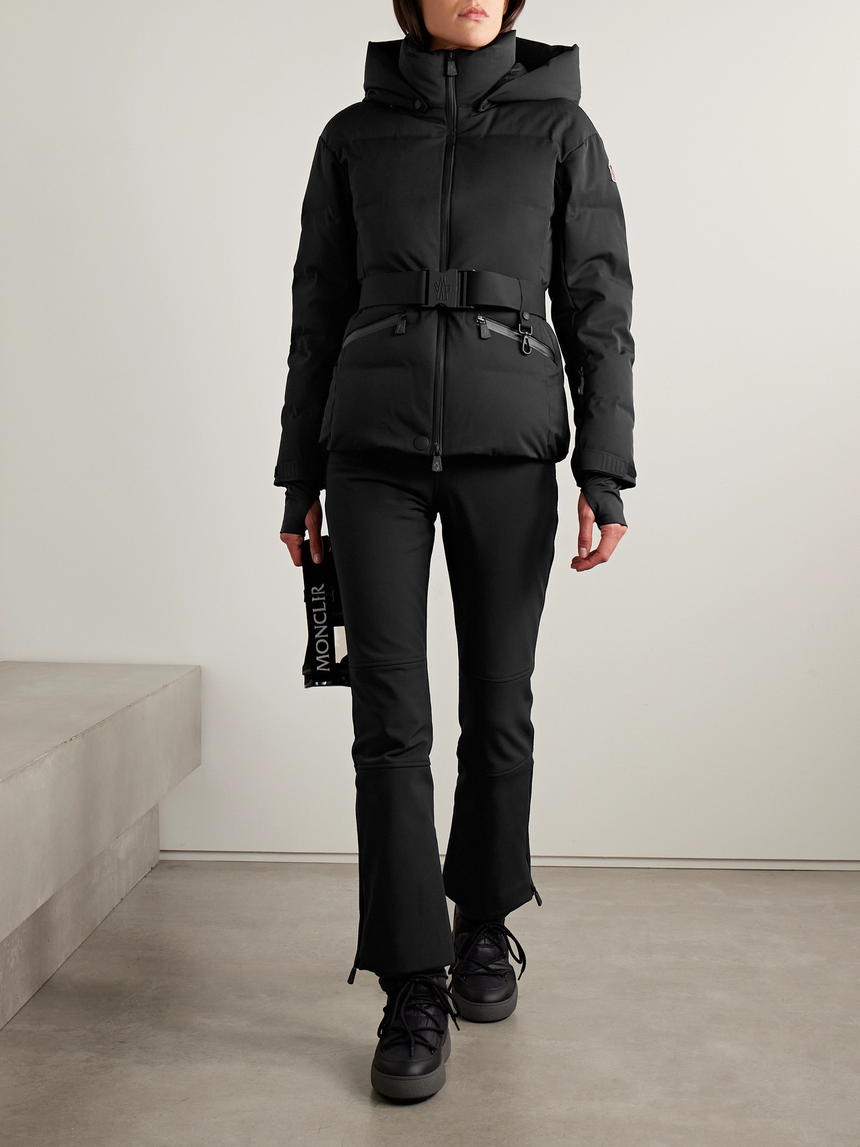 Tolima Hooded Belted Quilted Down Ski Jacket - Black