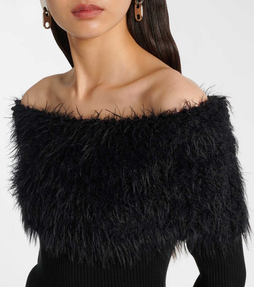 Ribbed-knit faux fur-trimmed top