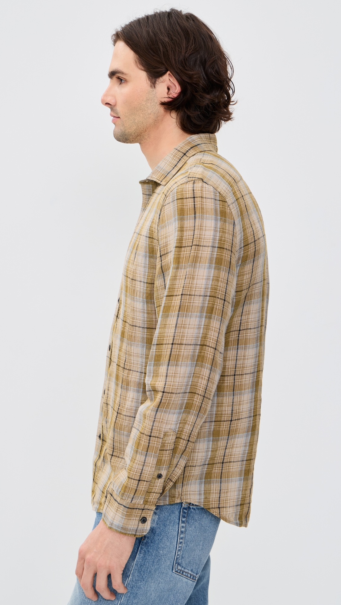 Dobby Plaid Linen Cedar Button Down Shirt Olive