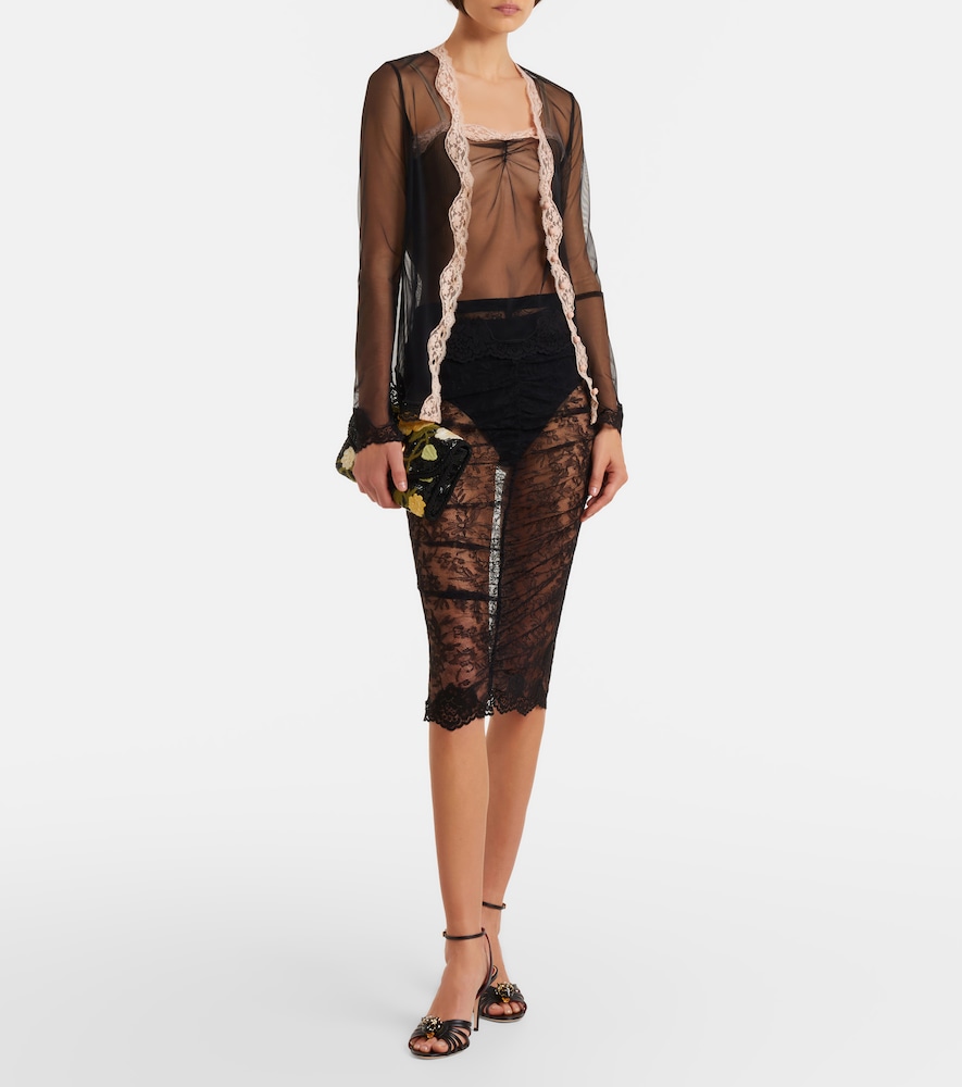 Lace-trimmed sheer mesh shirt
