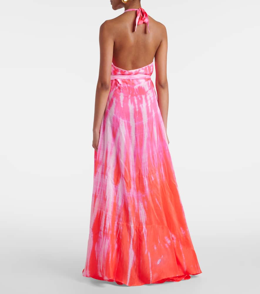 Tie-dye halterneck silk wrap dress