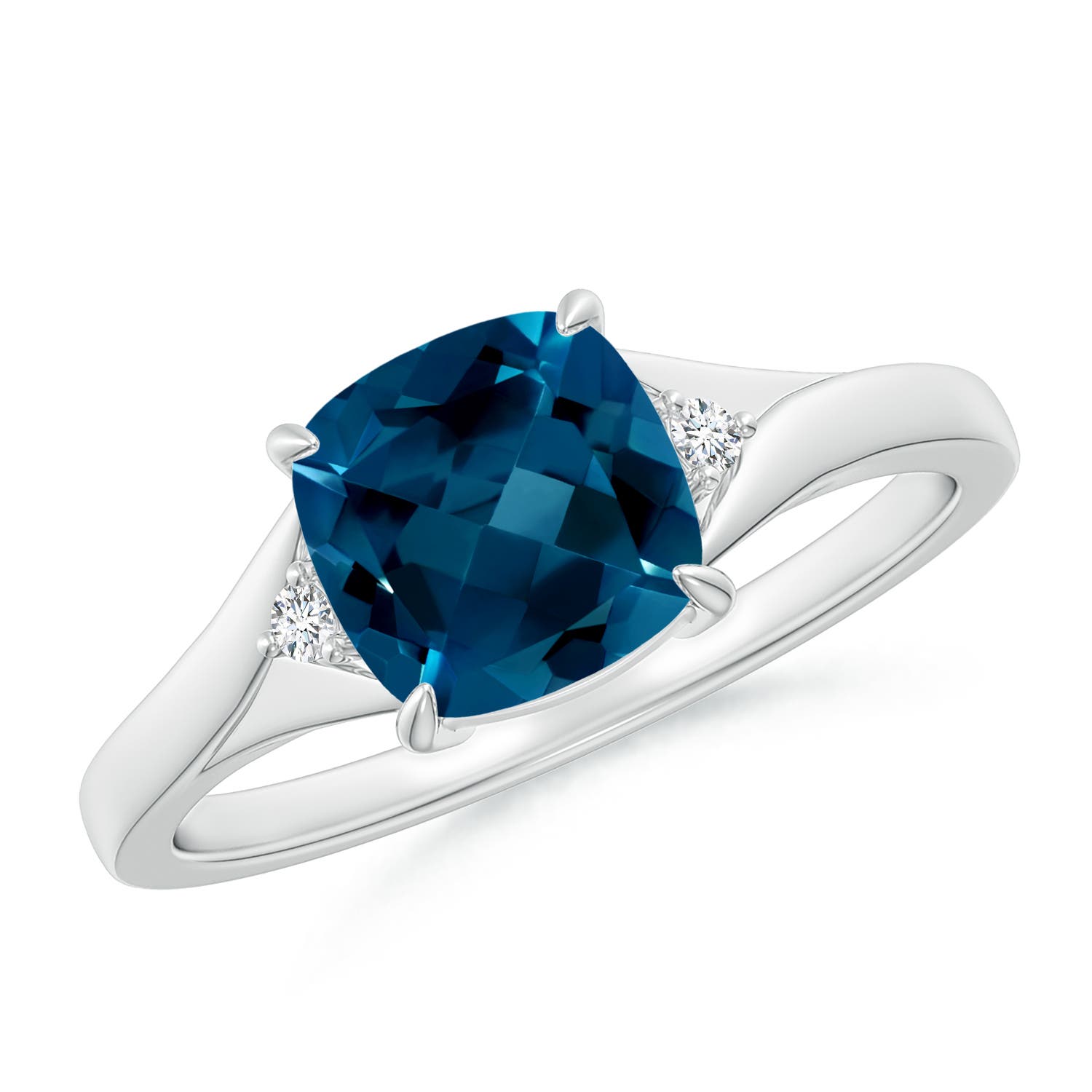 Angara 1.85 Carats Split Shank Cushion London Blue Topaz Solitaire Ring in Platinum
