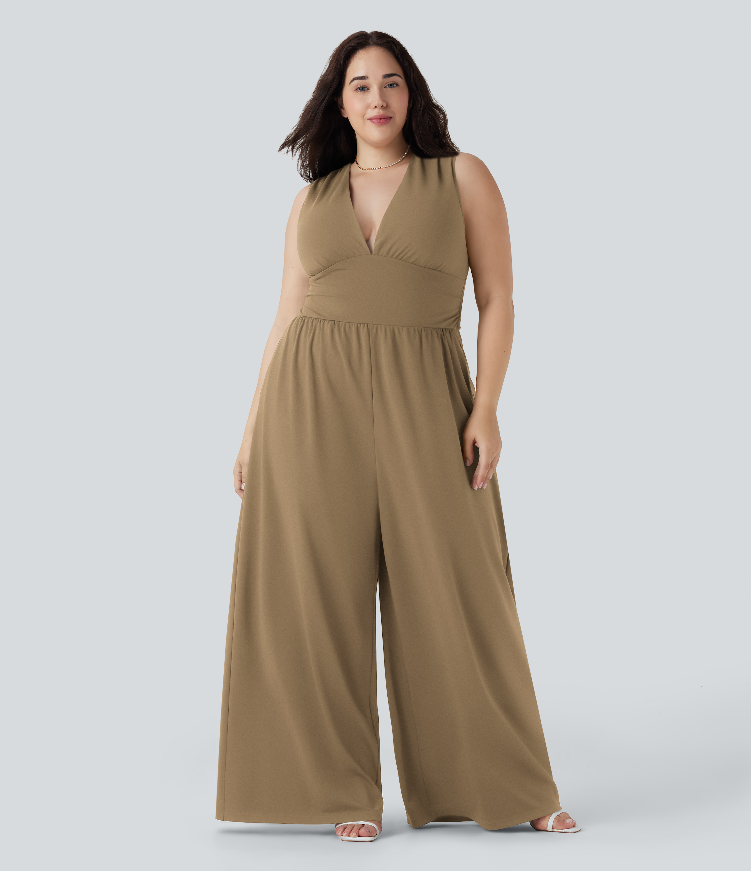 Plus Size V Neck Sleeveless Jumpsuit with Pockets-Easy Peezy Edition  - Tiger's Eye