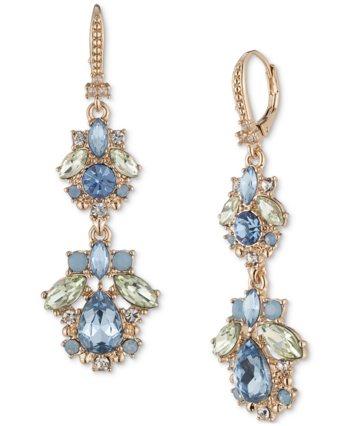 Gold-Tone Mixed Crystal Cluster Double Drop Earrings - Navy