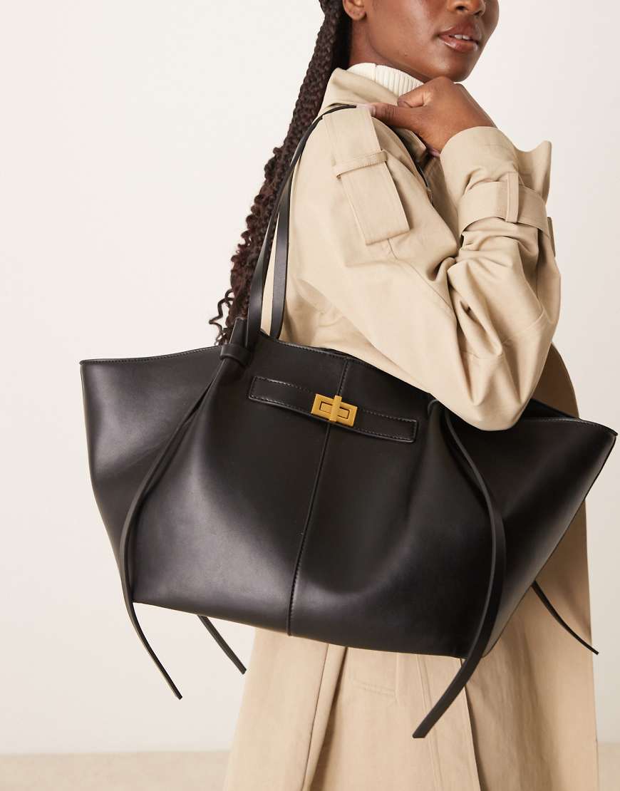 Gina Tricot faux leather medium tote bag with strap and clutch detail in black
