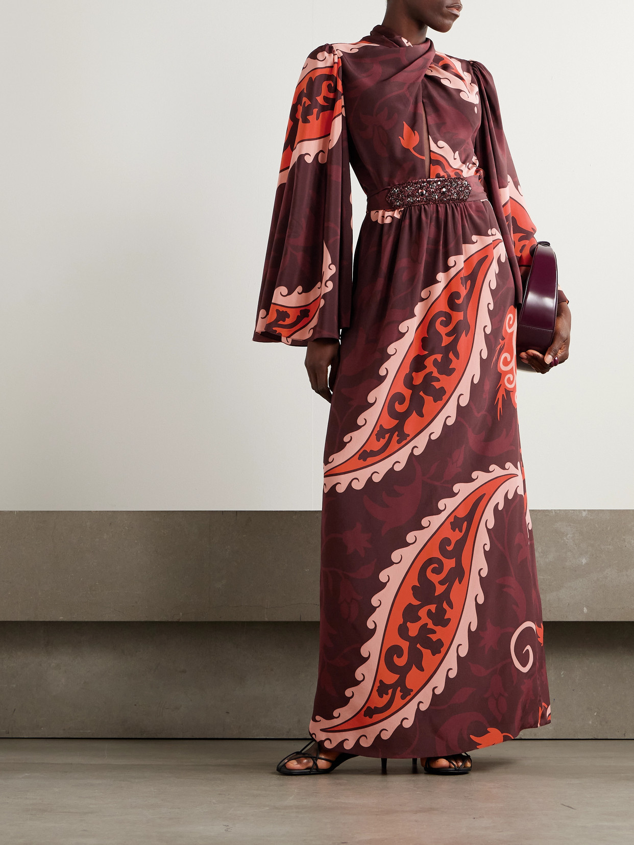 Santa Maria Belted Printed Silk-satin Maxi Dress - Burgundy