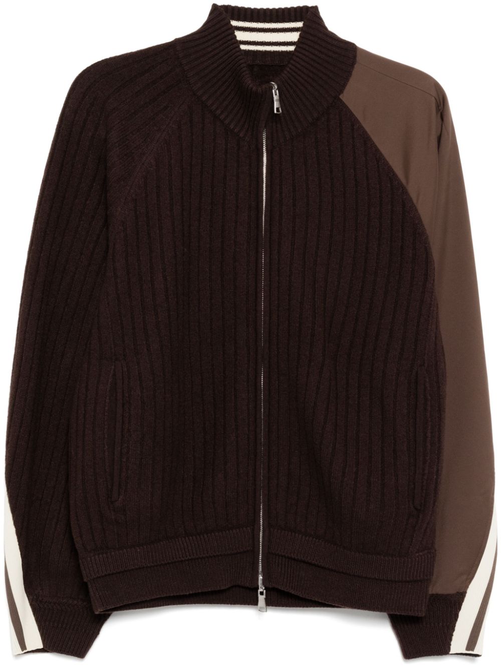 Splicing zip-up cardigan - Brown