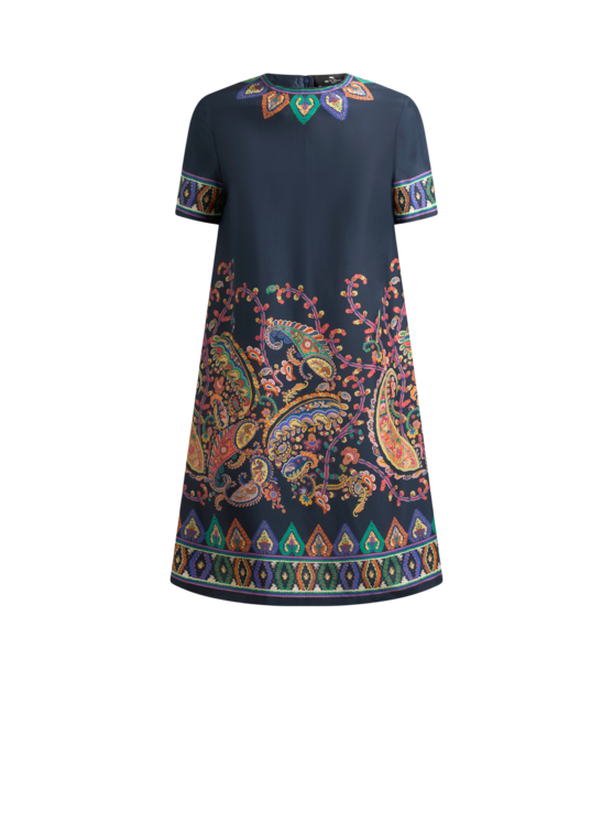 Silk Mini Tunic Dress With Placed Floral Paisley Print