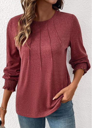 Modlily Brick Red Tuck Stitch Long Sleeve T Shirt