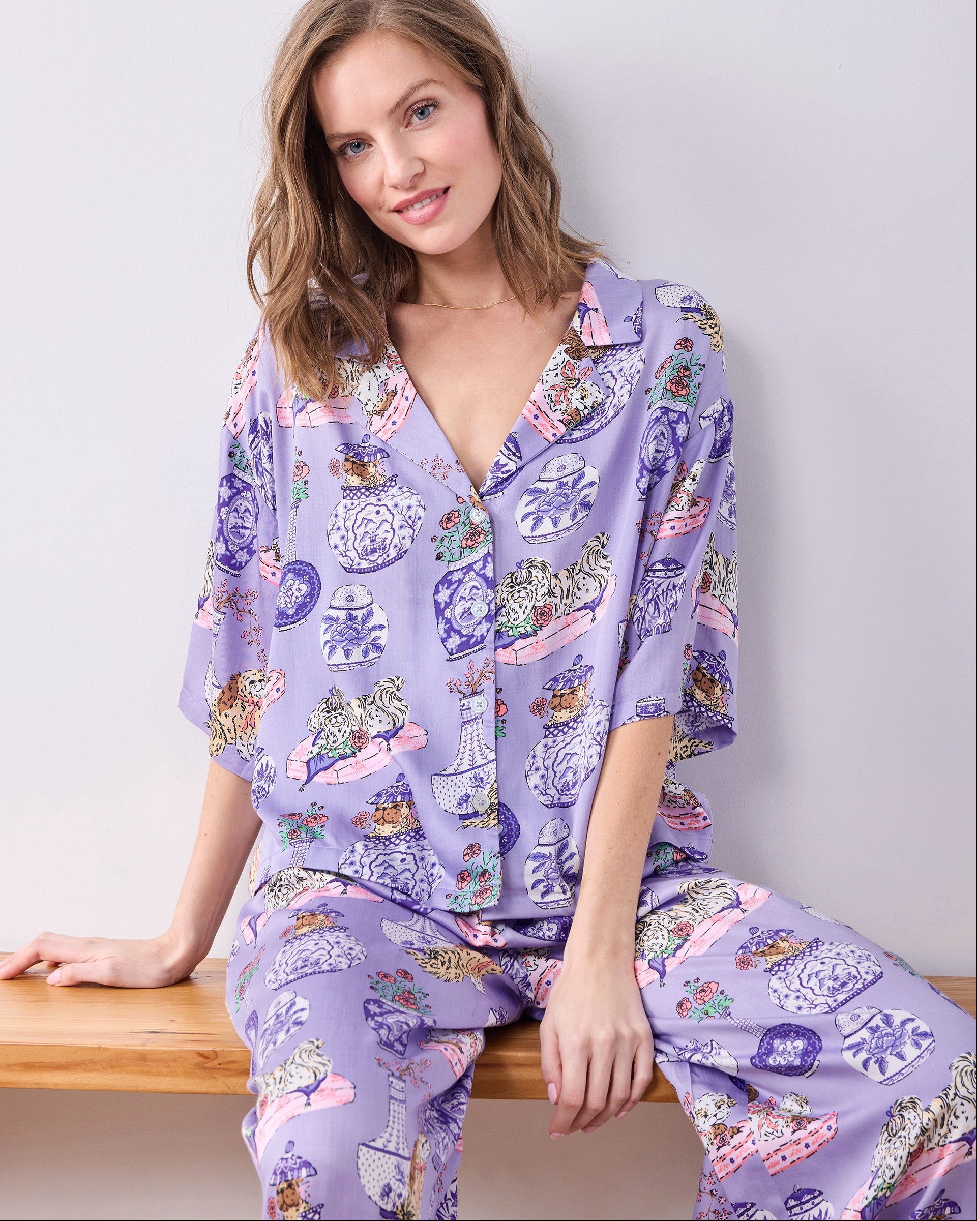 Eco Silky Short Sleeve and Pants Pajama Set in Fancy Dogs | Women's XS | Purple | Sleepwear