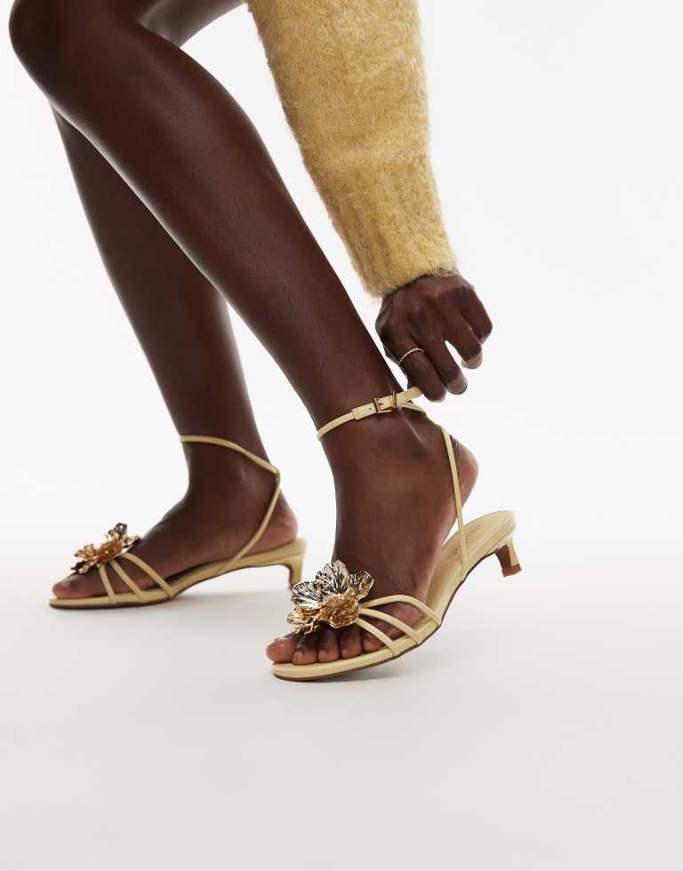 Topshop Womens Inaya kitten heel strappy sandal with gold flower in yellow