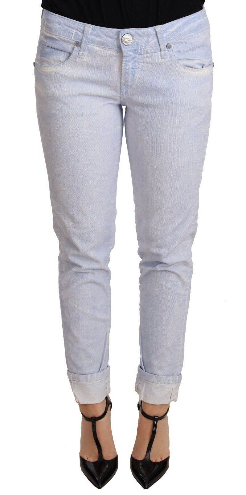 Acht Light Blue Cotton Folded Hem Denim Skinny Women Trouser Women's Jean