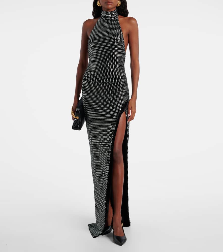 Rhinestone-embellished velvet maxi dress