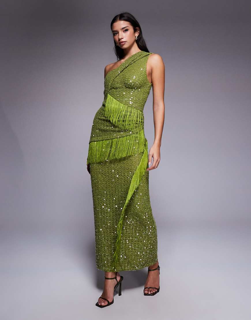 Sequin knit twist one shoulder midi dress with drape fringe panels in green
