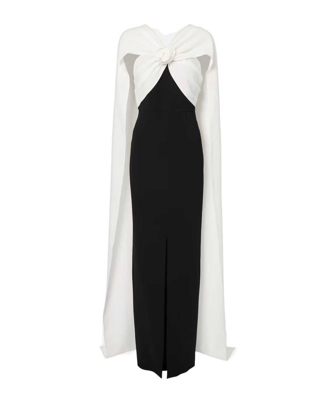 Caped floral-appliqué cady gown