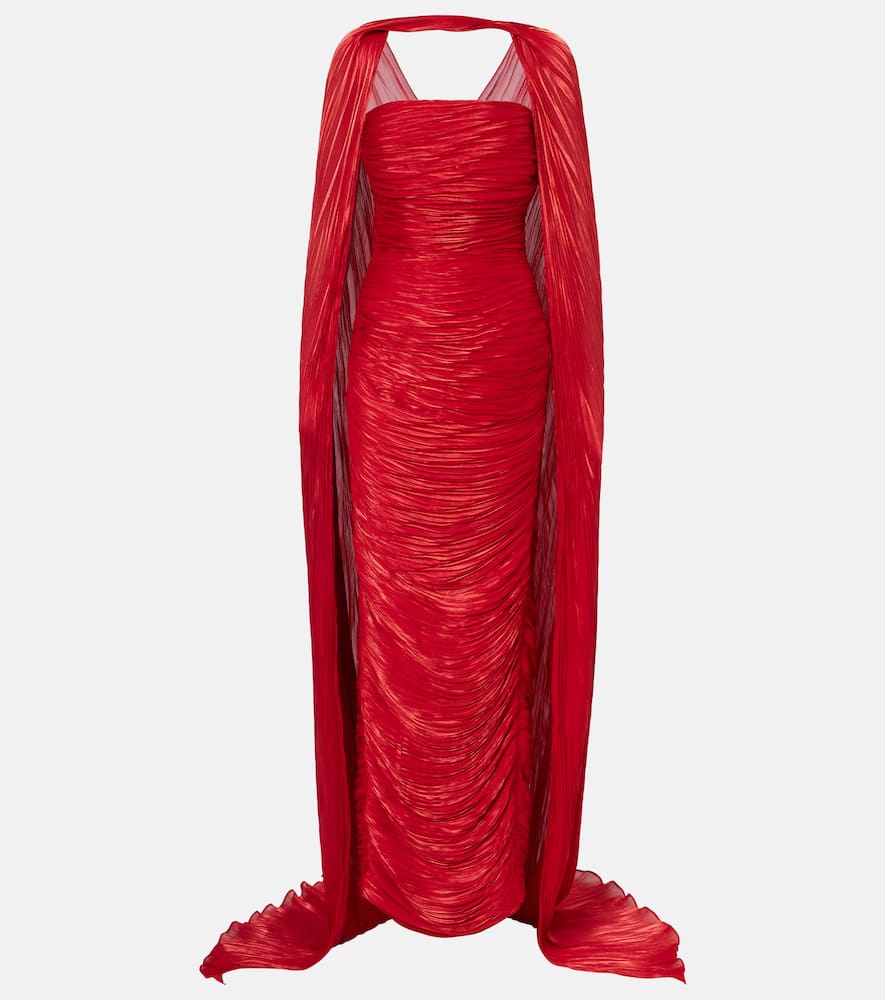 Caped pleated bustier gown