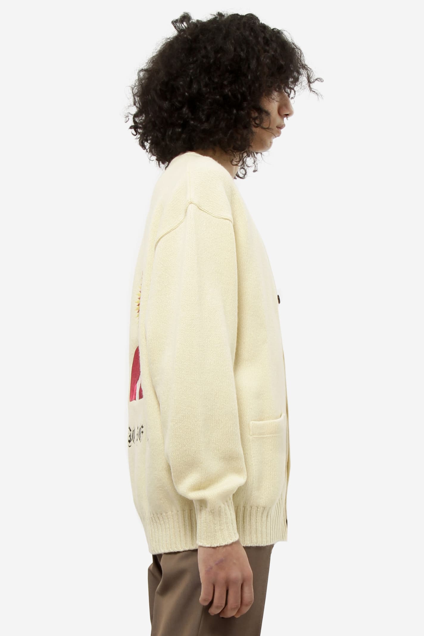 Embroidered-denim knit cardigan