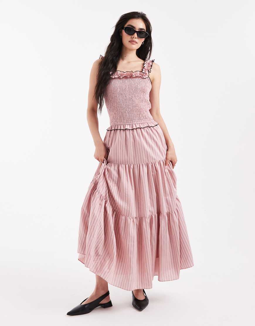 Shirred bodice and ruffle straps maxi dress in pink stripes