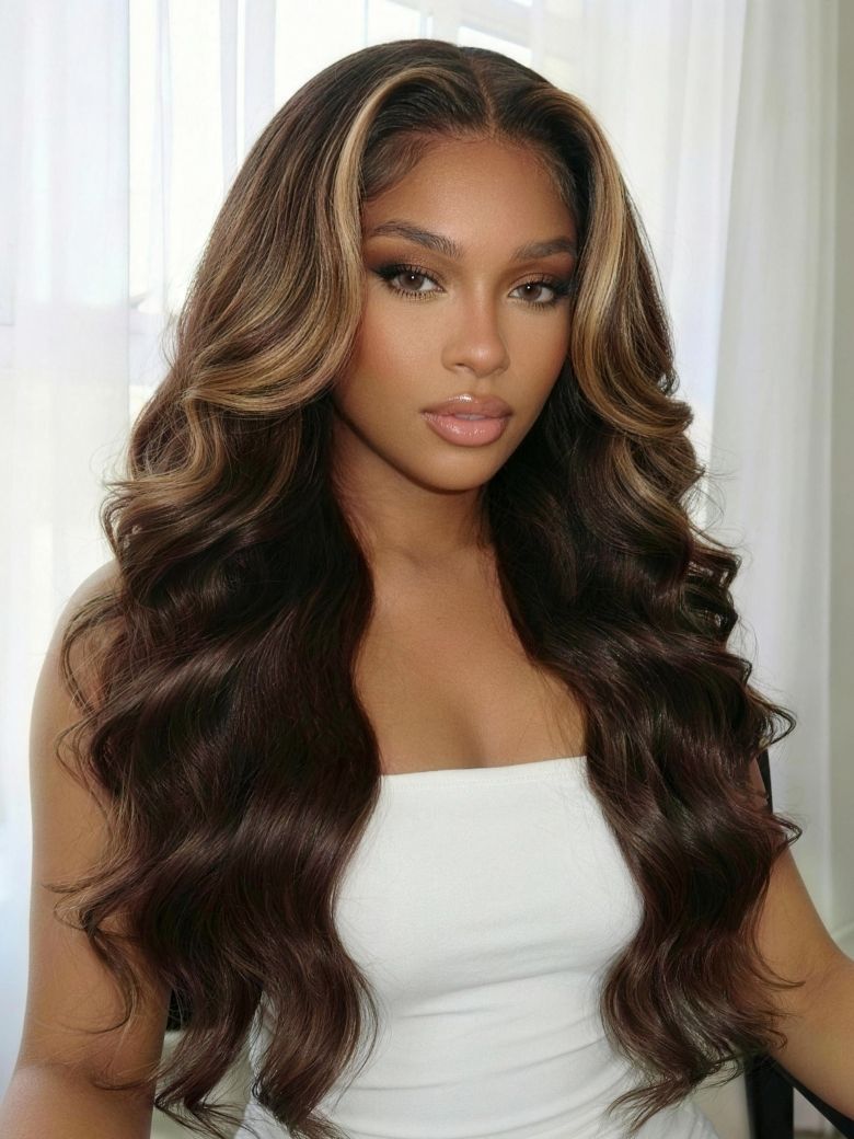 UNice 360 HD Lace Real Scalp™ Chocolate Brown Balayage Body Wave Wig with Money Piece Highlight