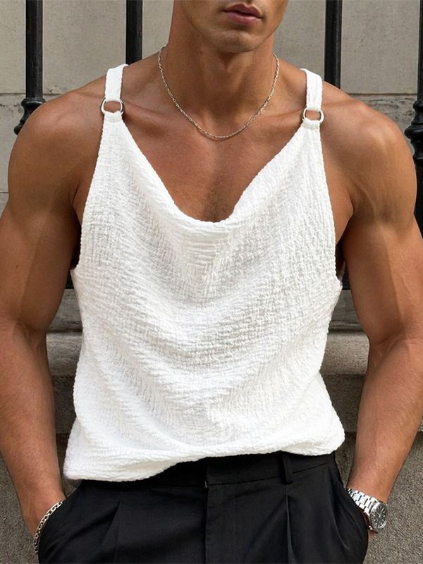 Men's Avant-Garde Double Metal Rings Cowl Neck Textured Crinkled Tank SKUL72415 - White / S