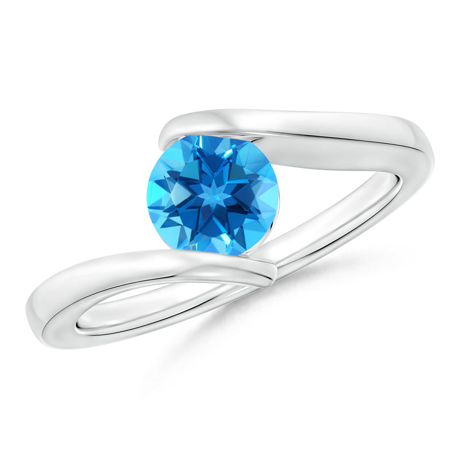 Angara 0.95 Carat Bar-Set Solitaire Round Swiss Blue Topaz Bypass Ring in Platinum