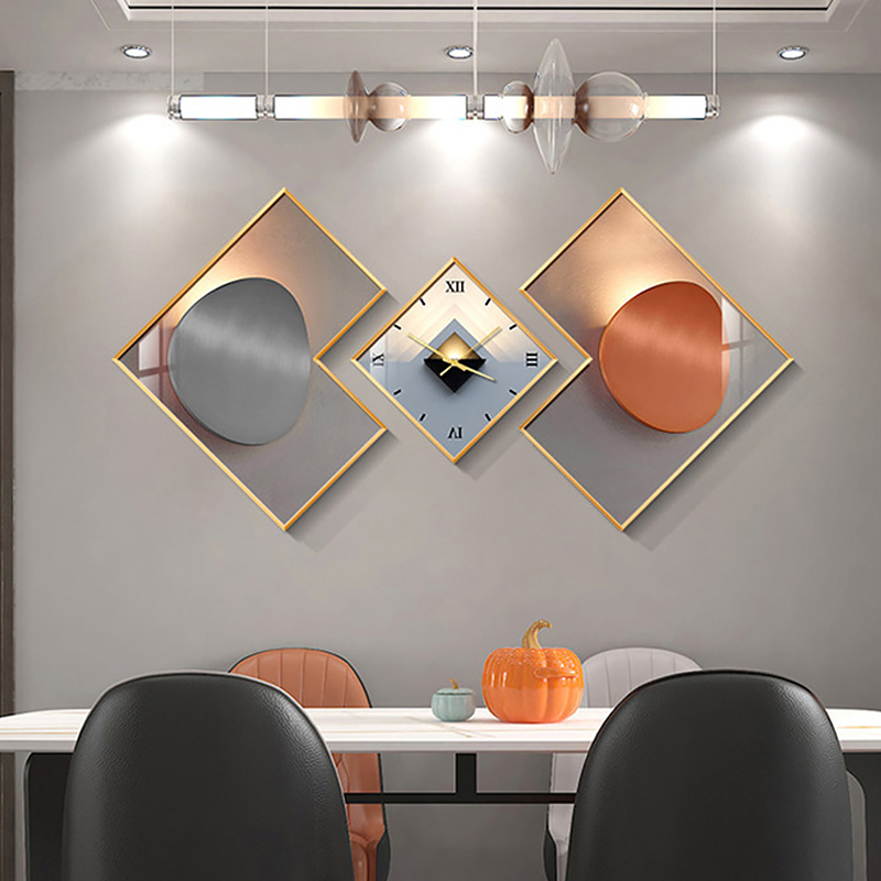 3 Piezas: reloj de pared moderno geométrico y 2 decoraciones en lienzo con marco dorado