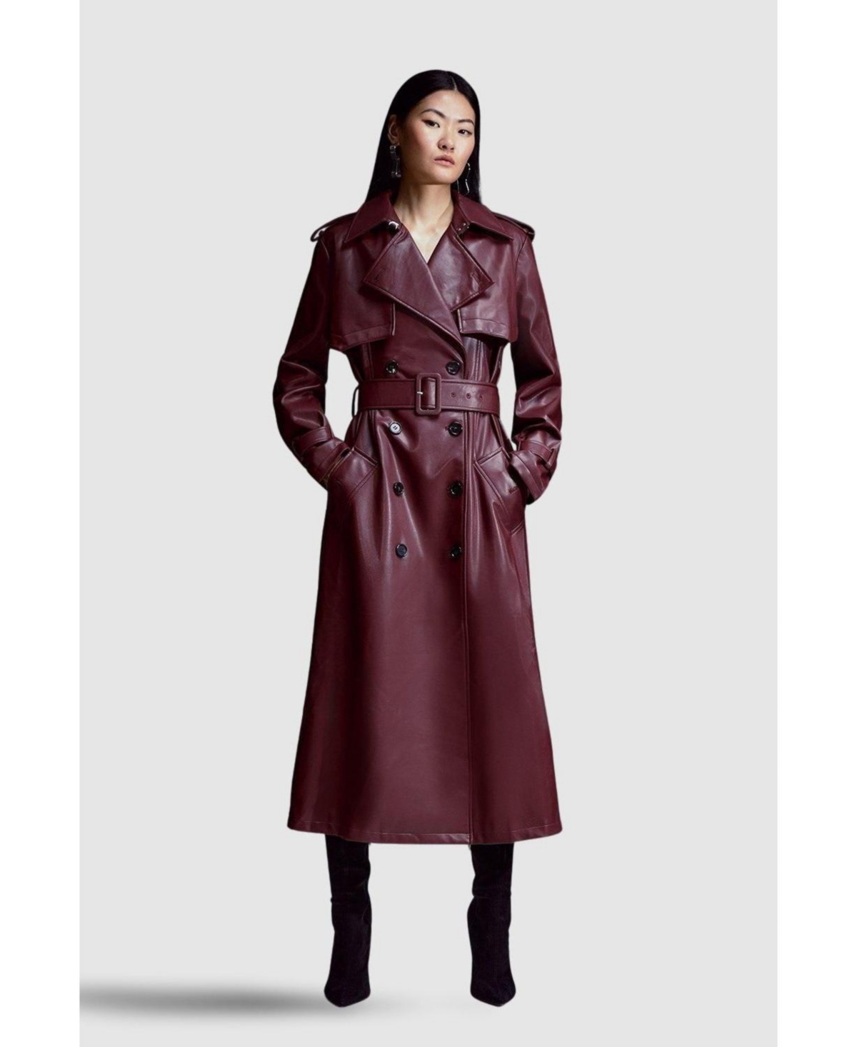 Women's Tailored Faux Leather Belted Trench Coat - Oxblood