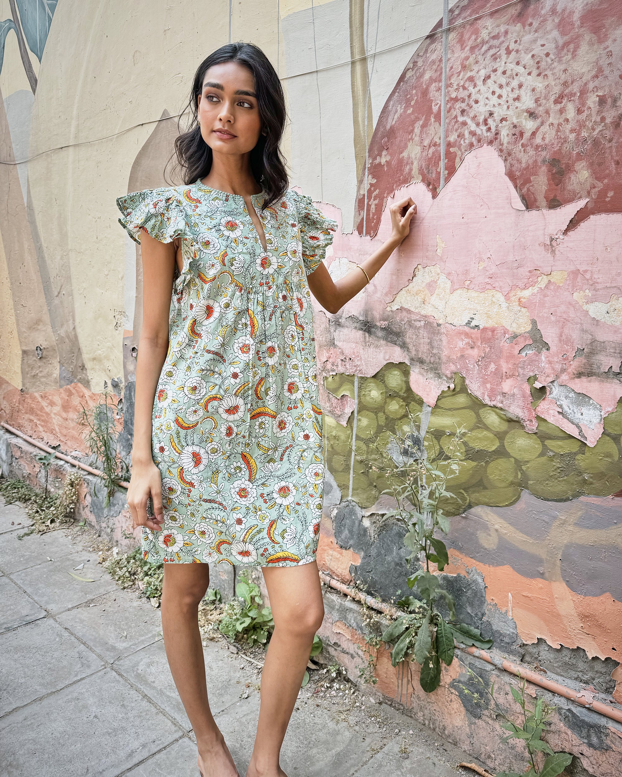 Organic Cotton Flutter Sleeve Floral Mini Dress in India Bloom | Women's XS | Green