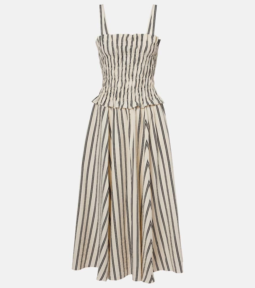 Shirred striped silk-blend midi dress