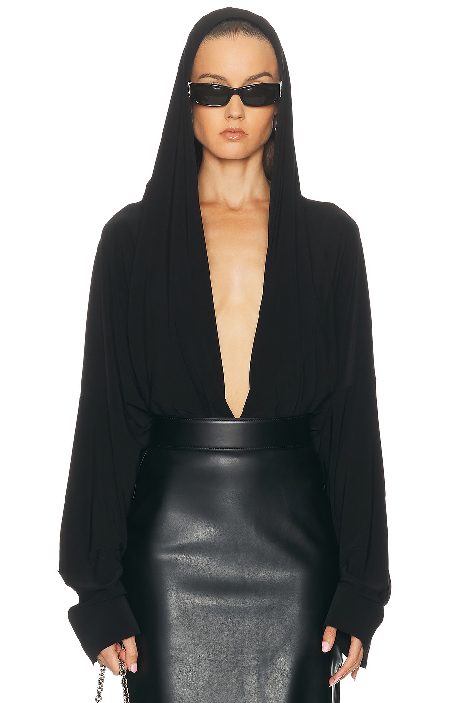 Norma Kamali Hooded Super Oversized Boyfriend Shirt Bodysuit in Black