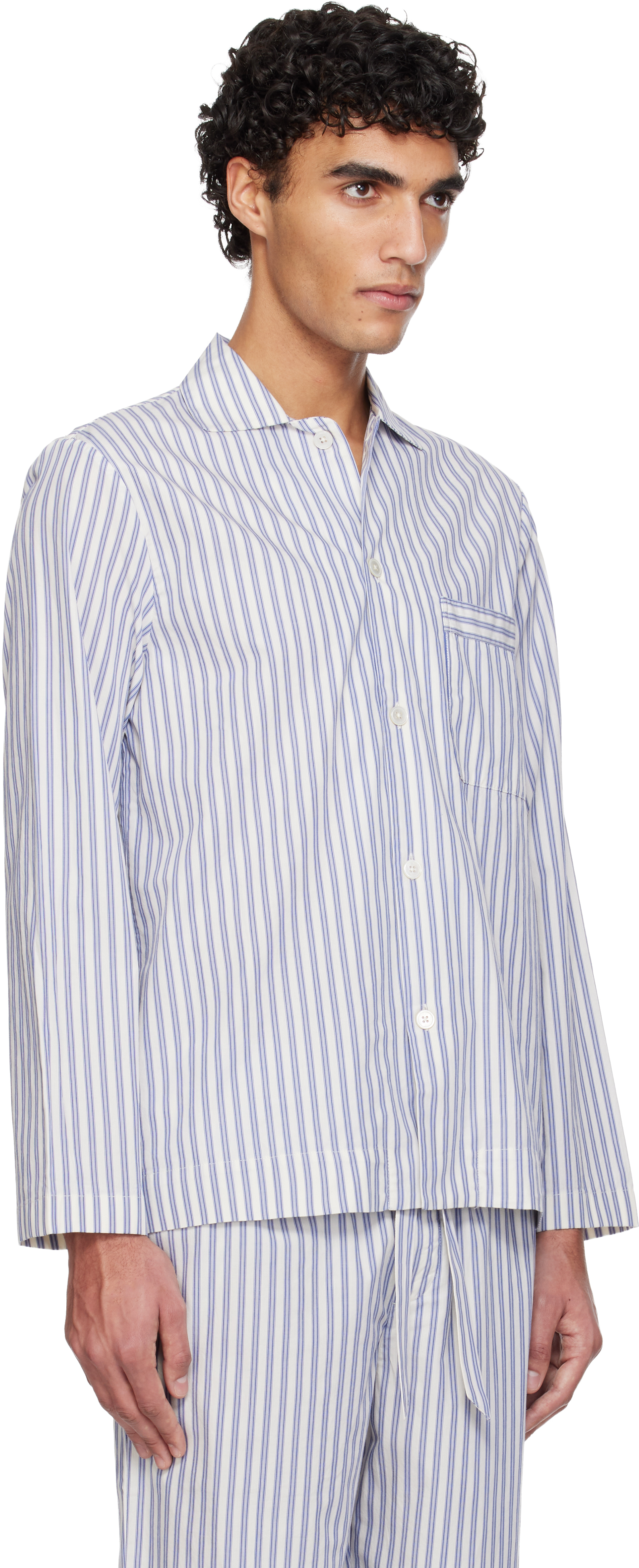 Blue & White Poplin Long-Sleeved Pyjama Shirt