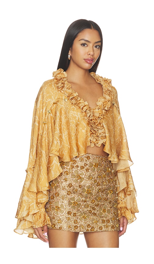 LA FUORI Honeydew Printed Ruffle Top in Yellow. XS. Also in S, M