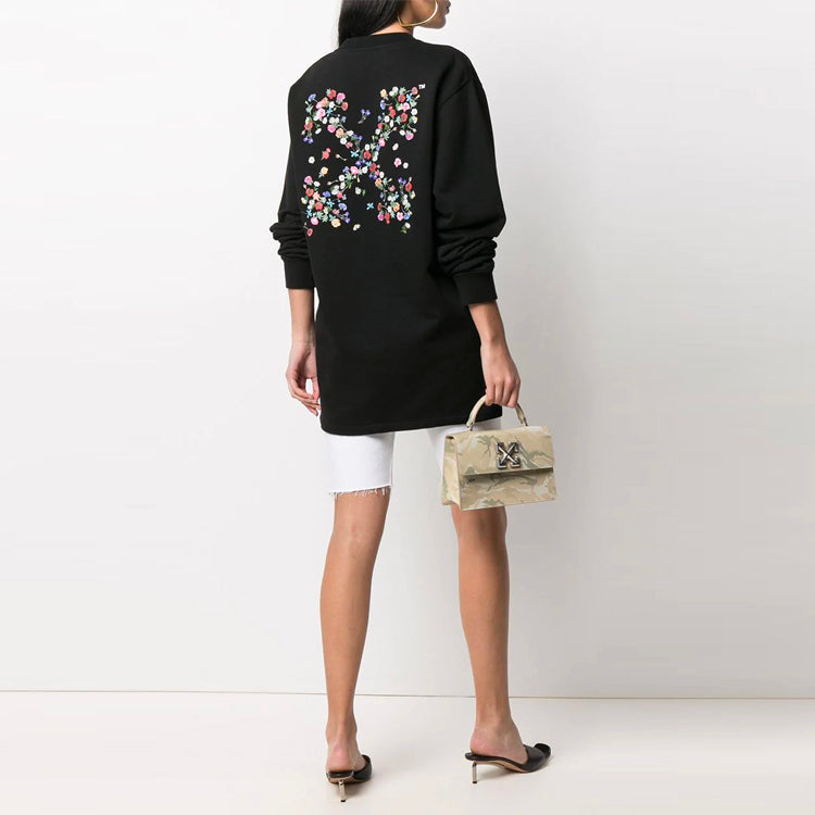 (WMNS) Arrow Embroidered Flowers Sports Long Loose Fit Black Hoodie