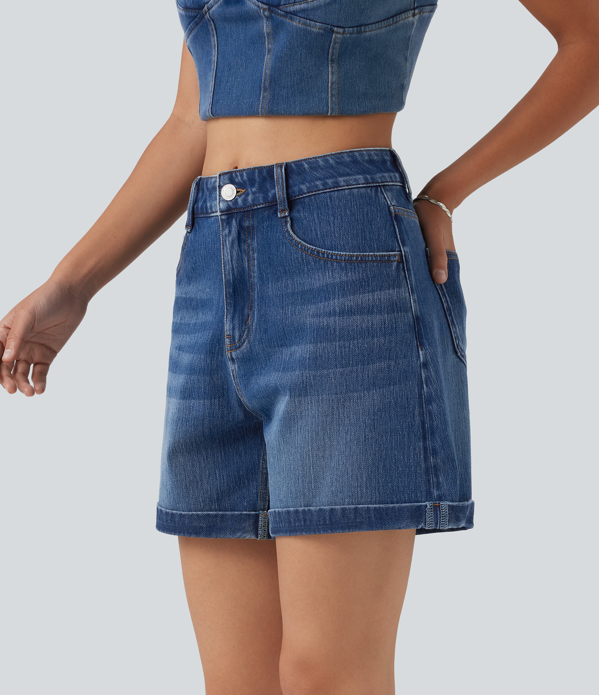 Flex™ Mid Rise Rolled Hem Denim Casual Shorts 5'' with Pockets  - Estate Blue Denim