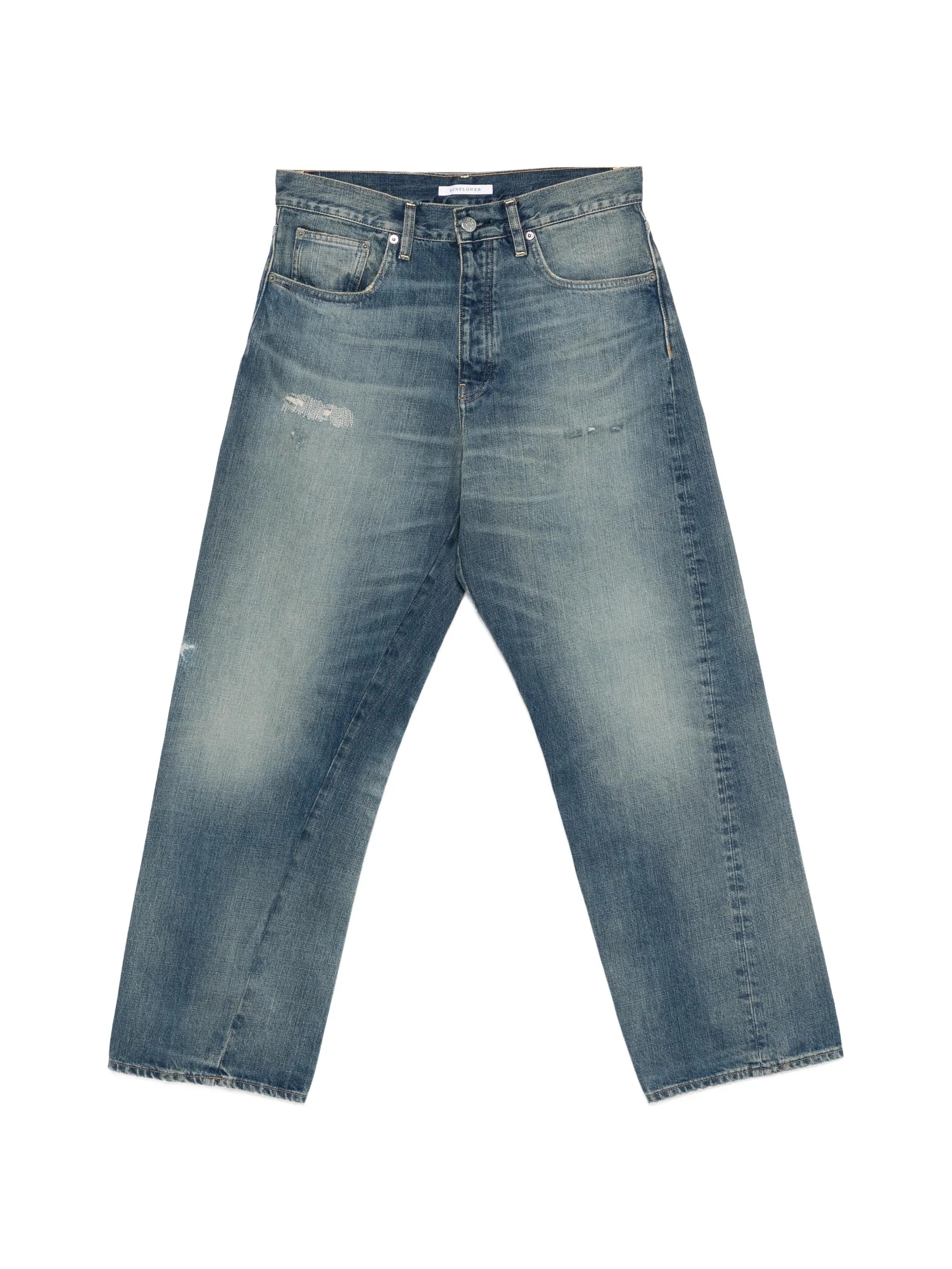 Men's 100% Cotton Distressed Denim Jeans with Twisted Side Seams