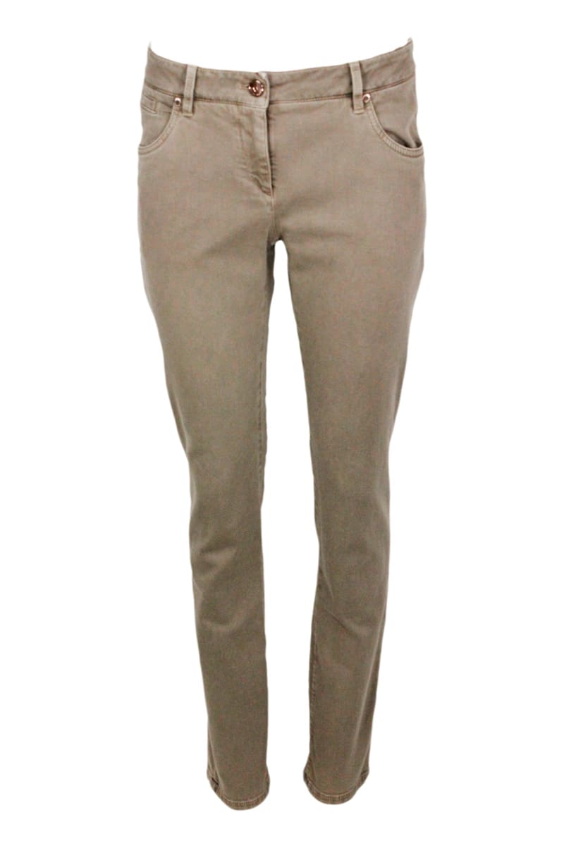 Five-pocket Garment-dyed Stretch Denim Trousers. Slim Model
