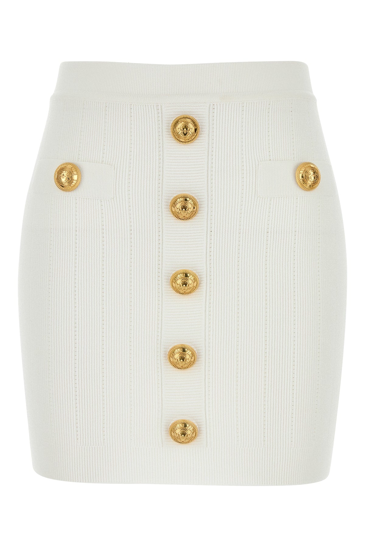 Gold-Button Ribbed Skirt — White