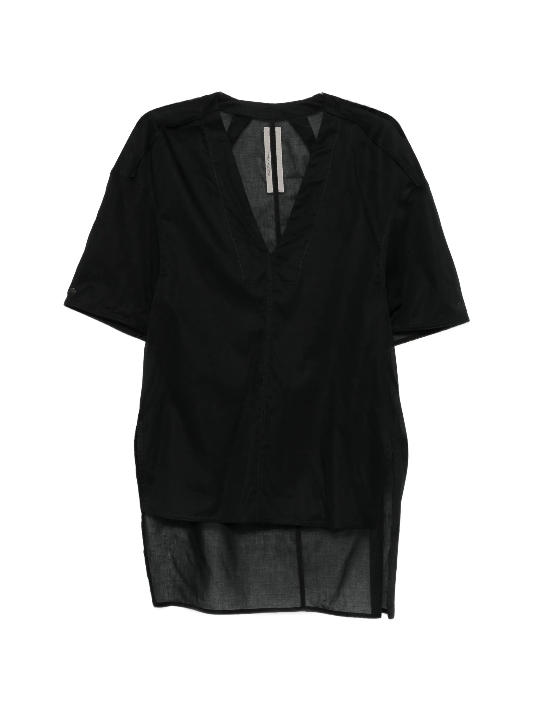 ? Short-Sleeved Semi-Sheer Cotton Blouse with V-Neck & Side Slits