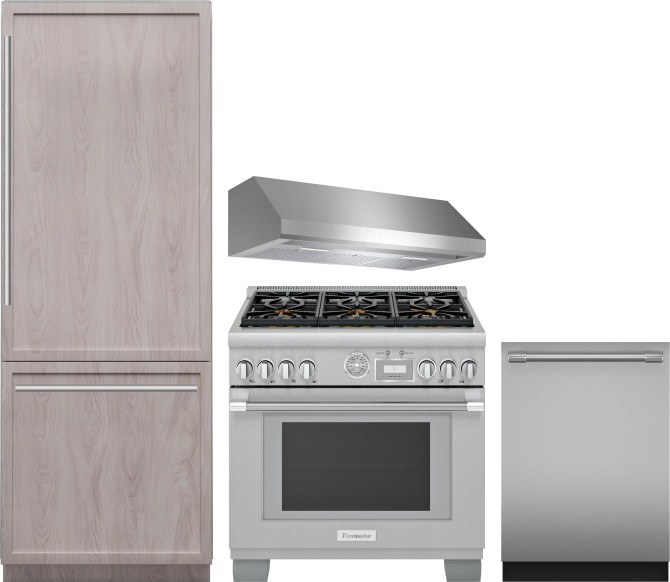 Thermador 4 Piece Kitchen Appliances Package with Bottom Freezer Refrigerator, Dual Fuel Range and Dishwasher in Panel Ready THRERADWRH