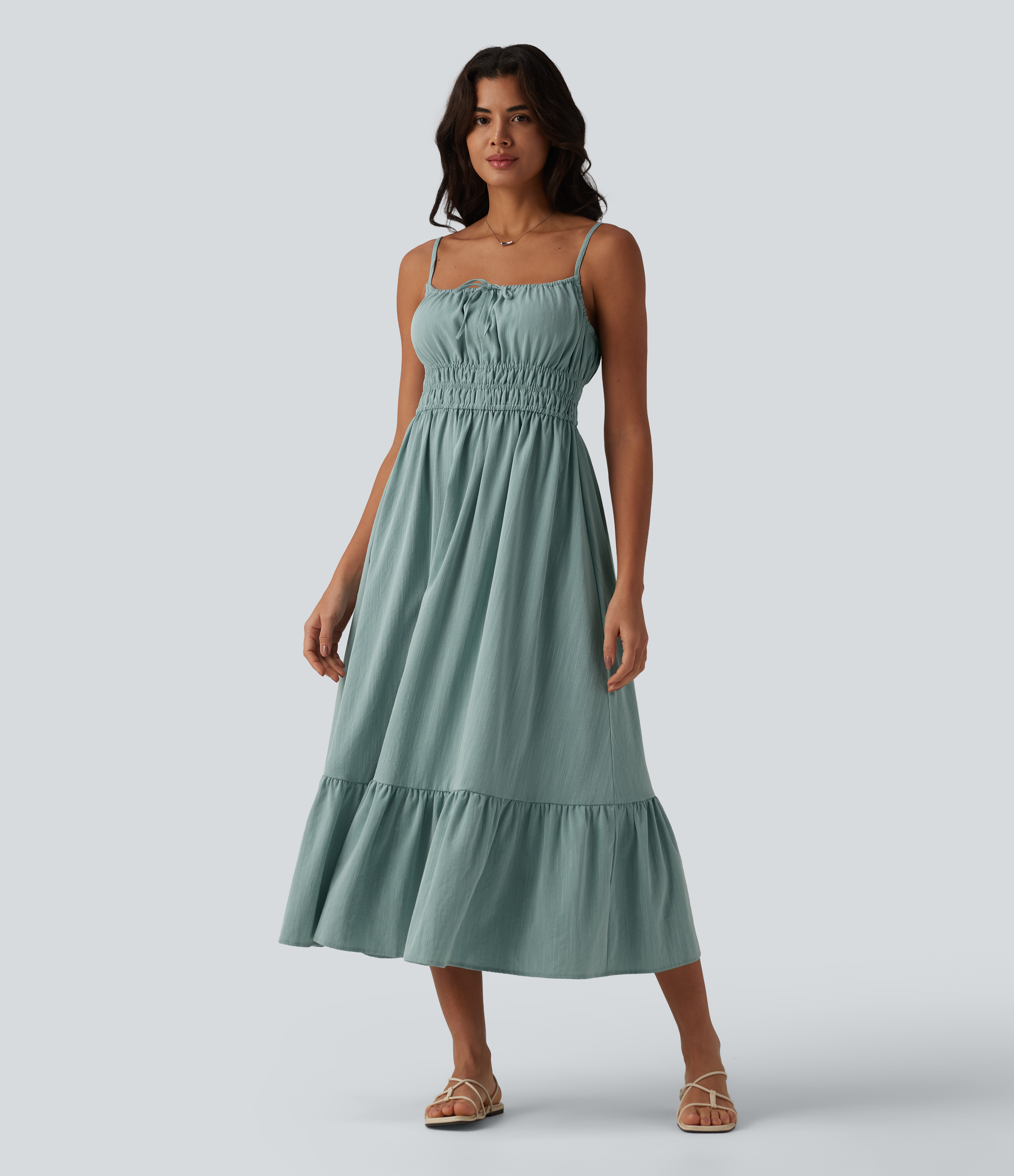 Tie Front Flowy Midi Casual Linen-Feel Slip Dress Casual Dress - Silverwood Sage