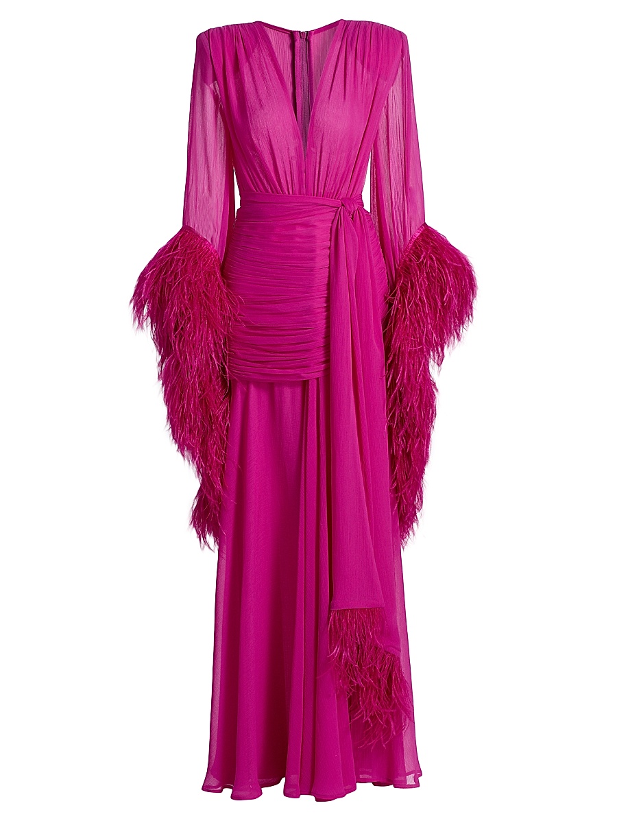 Women's Geisha Feather-Trim Chiffon Gown - Pink