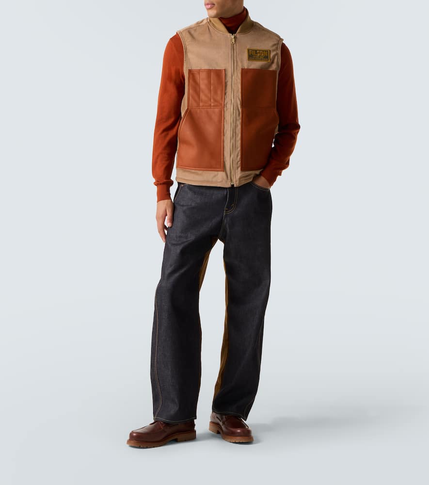 Leather-trimmed cotton and wool vest